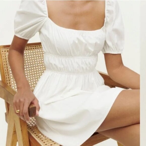 NWT Reformation Woods Cotton Mini Dress White size Large Square Neck Puff Sleeve - Picture 3 of 15